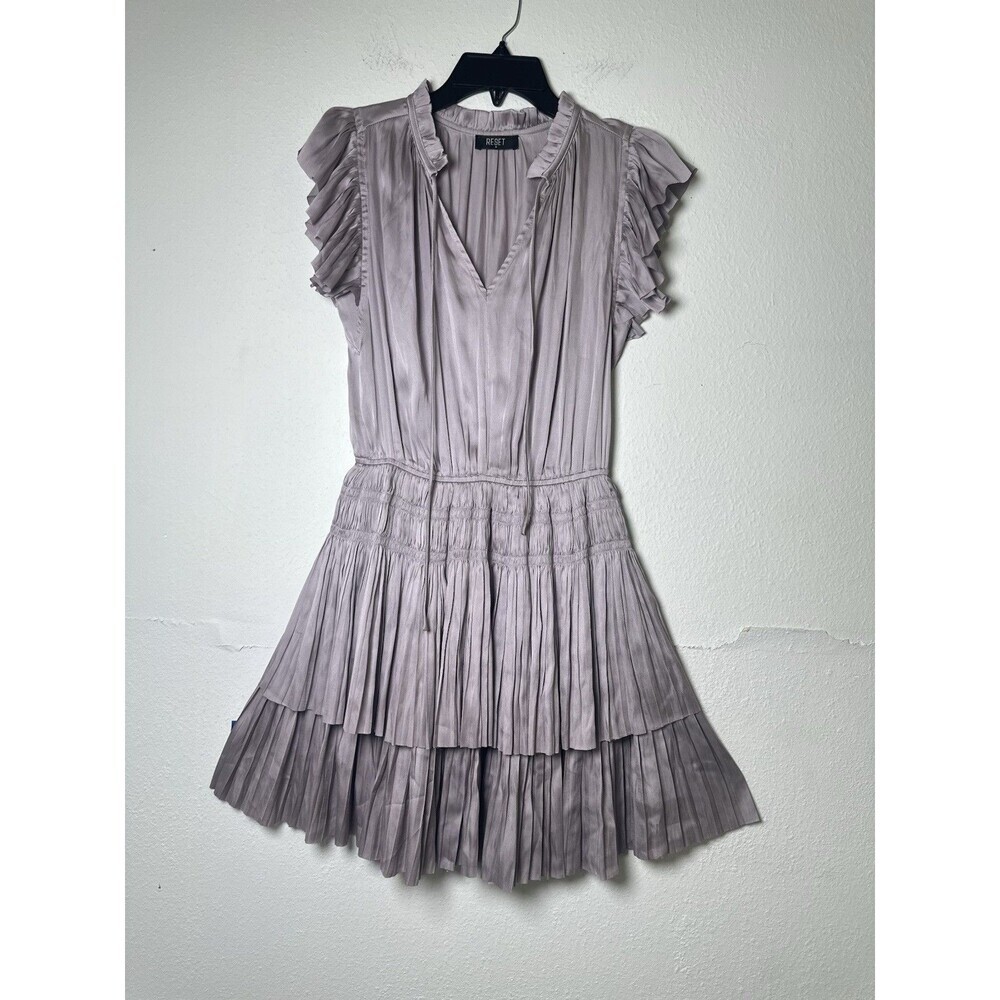 RESET by Jane Ruffle Smocked Tiered Mini Dress Pleated Satin Size M Lavender - Picture 3 of 14
